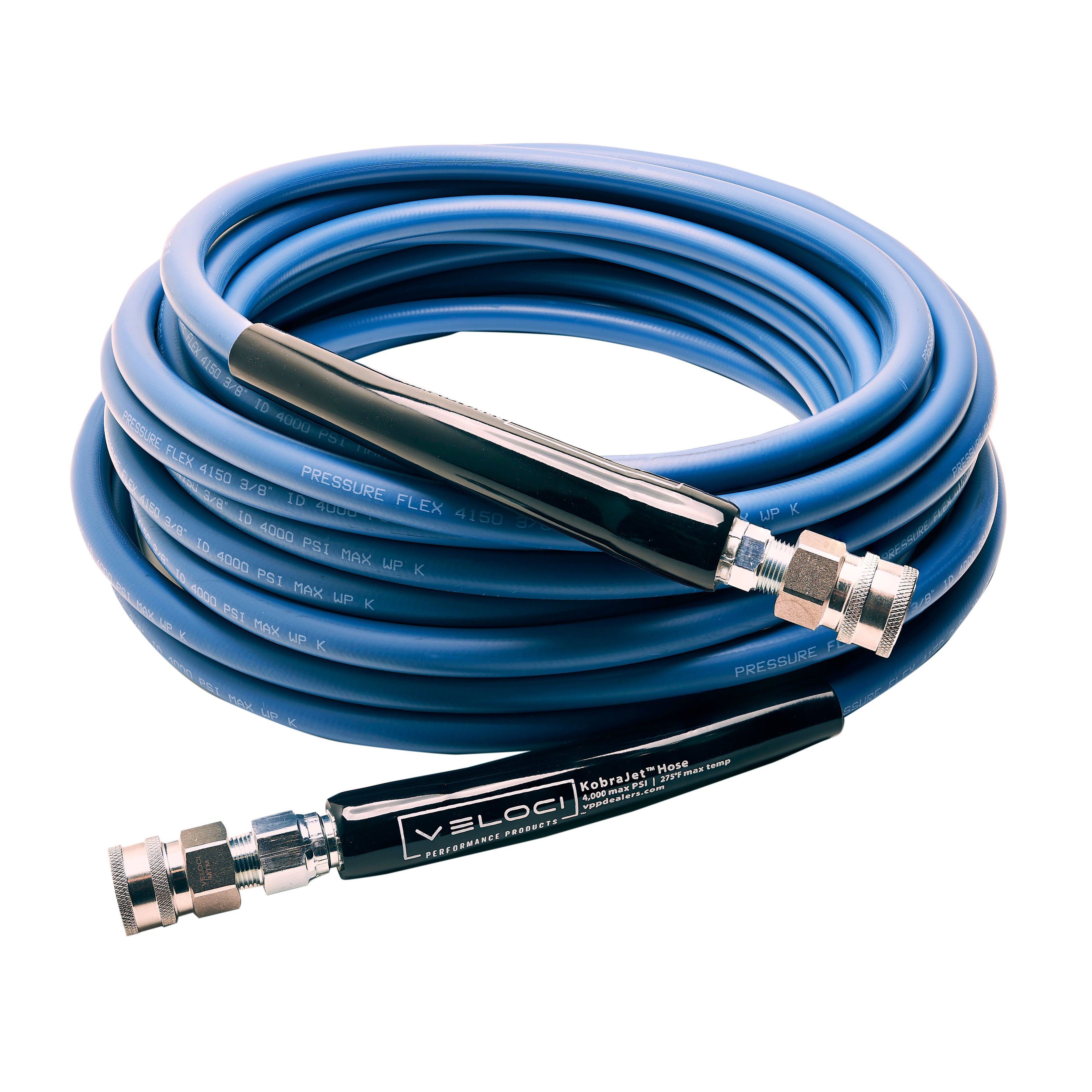 3/8" Kobrajet Smooth Blue Hose, 4300 PSI, 25 FT, W/ SS QC'S