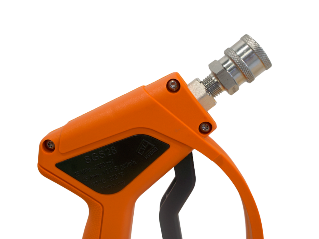 MTM Hydro SGS28 Orange Spray Gun, 4000 PSI, 12 GPM, Live Swivel, SS QC Fittings