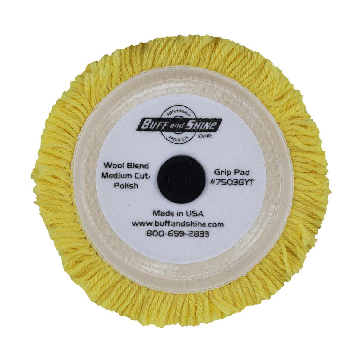 7503GYT - 7.5" Yellow Wool Blend (4 Ply Twist) Grip Wool Pad with Center Tee - Polishing